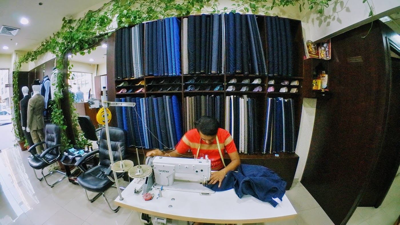 Victroy atelier with walls of suiting fabric
